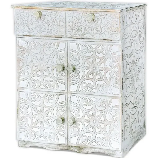 Buffet bois sculpté style oriental 6 portes Matana Blanc patiné Or