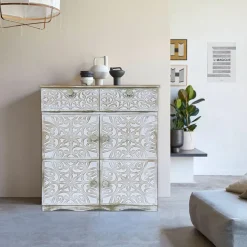 Buffet bois sculpté style oriental 6 portes Matana Blanc patiné Or