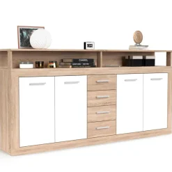 Buffet contemporain 4 portes er 4 tiroirs Lunata Bois sonoma et Blanc