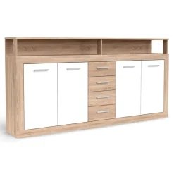 Buffet contemporain 4 portes er 4 tiroirs Lunata Bois sonoma et Blanc