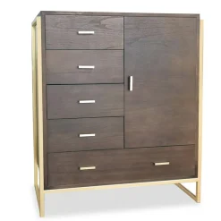 Buffet haut 5 tiroirs et 1 porte L90cm Bois Marron et Métal Or