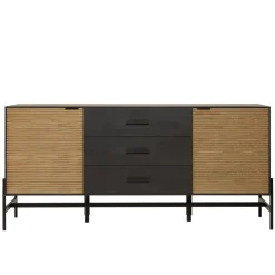 Buffet marron et noir 3 tiroirs 2 portes Pin pieds métal noir