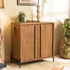 Buffet minimaliste 2 portes, 2 étagères en bois de teck recyclé et pieds en métal noir