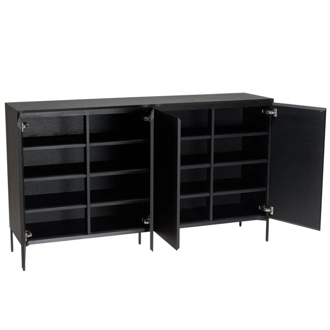 Buffet noir 4 portes 6 étagères pieds métal noir MAXENDRE