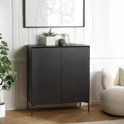 Buffet noir 2 portes 3 étagères pieds métal noir MAXENDRE