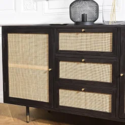 Buffet Noir 2 Portes Coulissantes 1 Porte Abattante Cannage YANIS