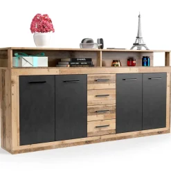 Buffet style industriel L190cm 4 portes er 4 tiroirs Lunata Chêne et Gris