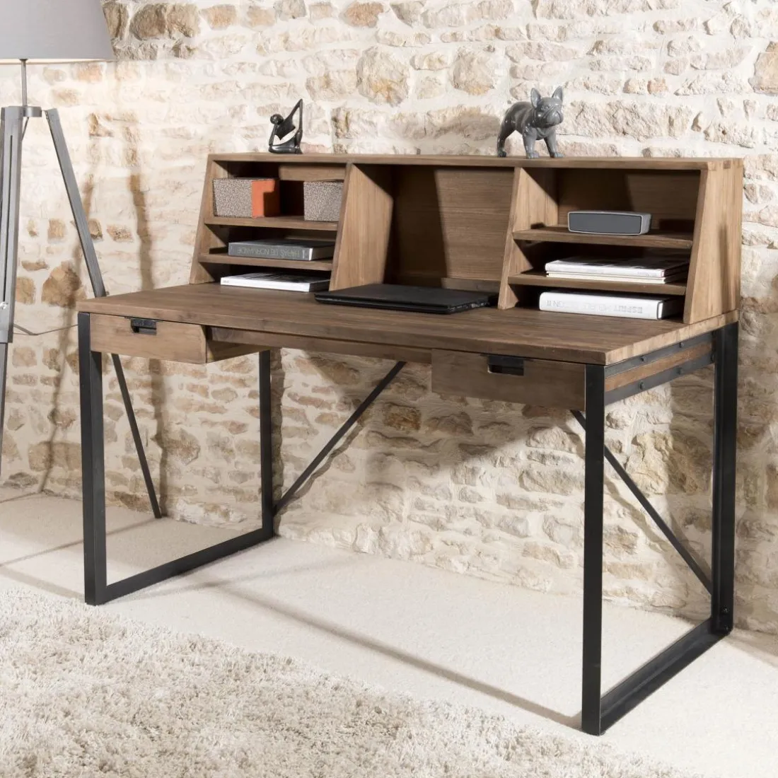 Bureau 2 tiroirs avec étagères en teck recyclé et métal - Brun