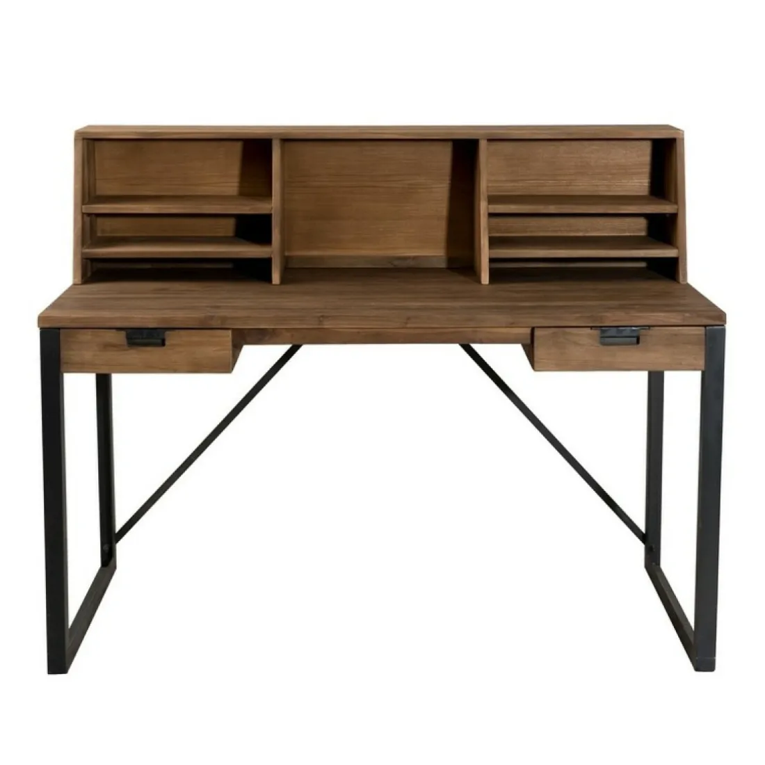 Bureau 2 tiroirs avec étagères en teck recyclé et métal - Brun