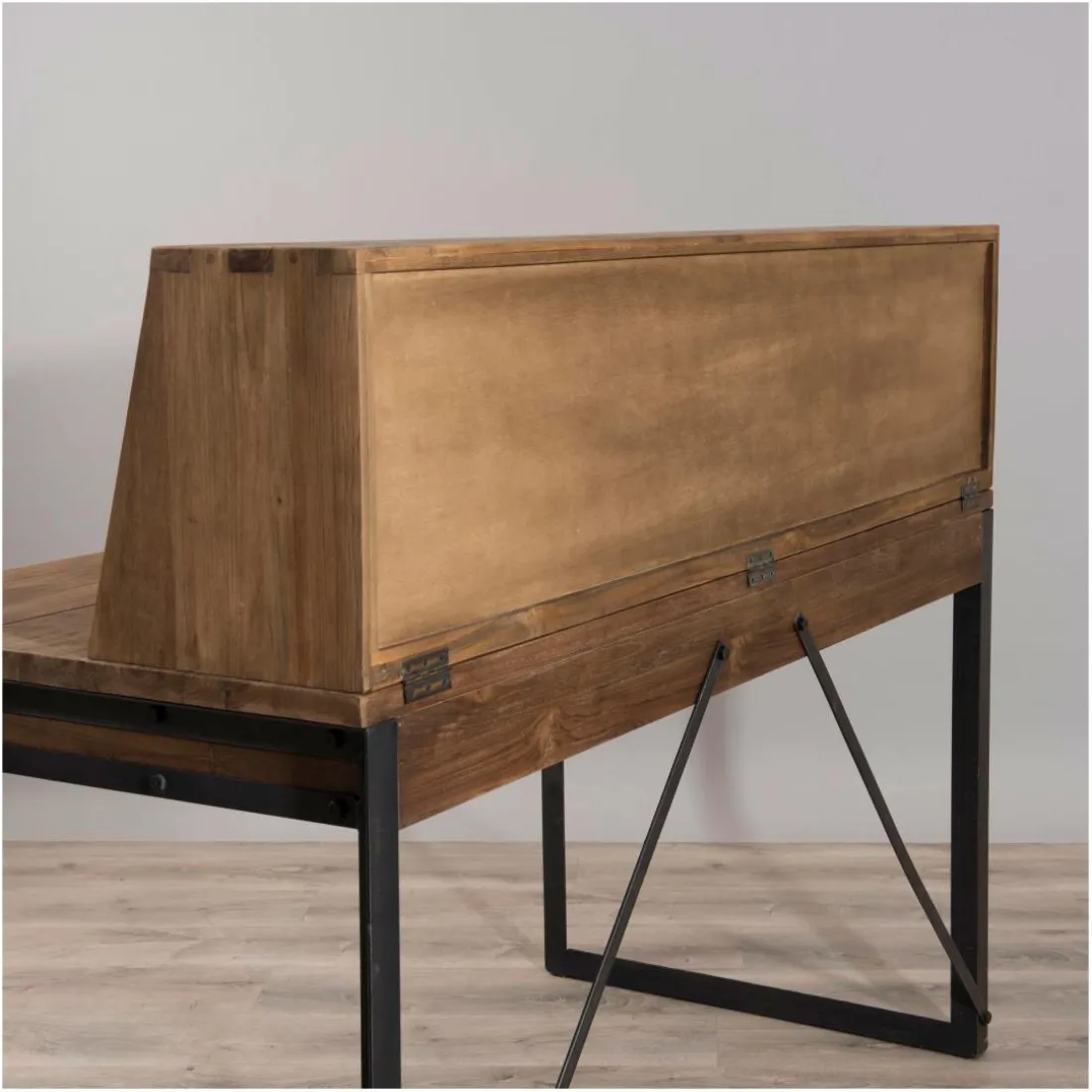 Bureau 2 tiroirs avec étagères en teck recyclé et métal - Brun