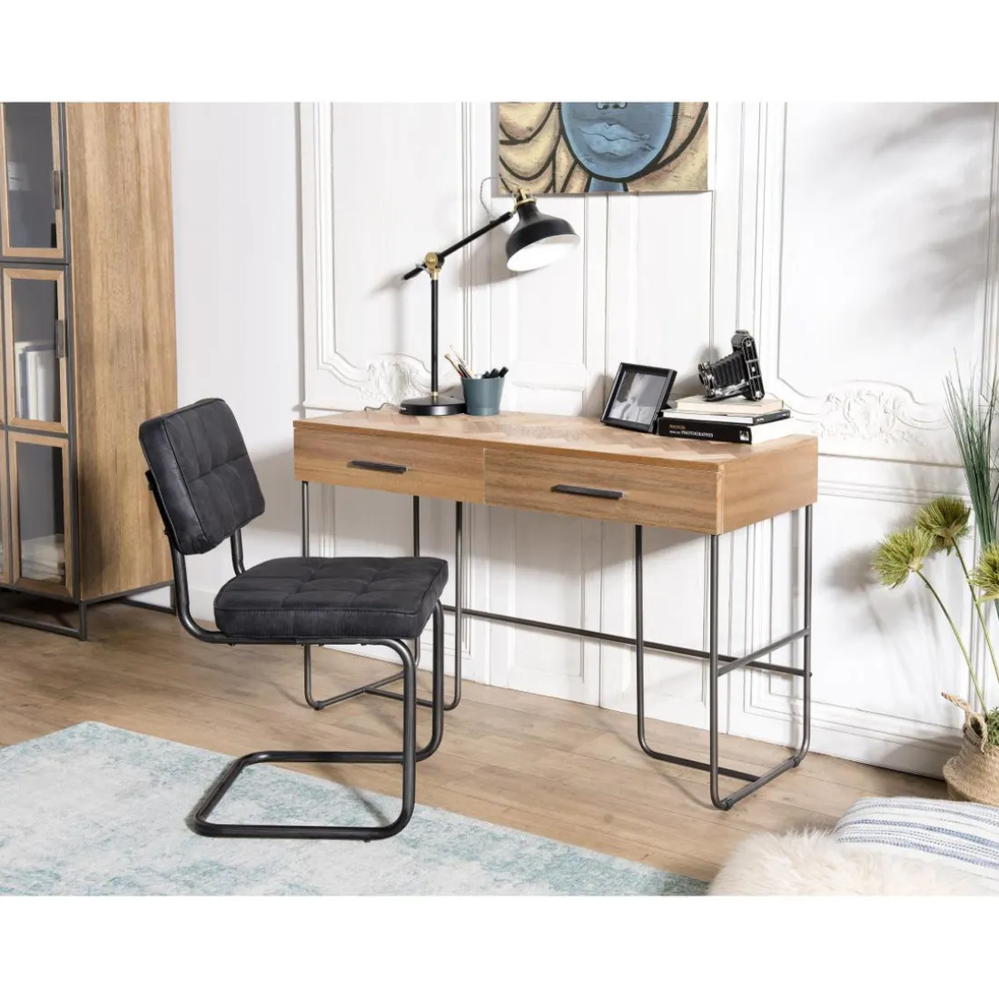 Bureau 2 tiroirs en bois et pieds métal