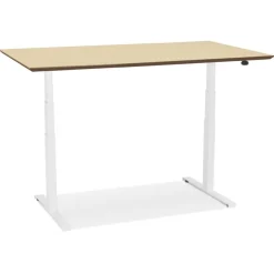 Bureau assis-debout électrique 'BIONIK'avec plateau en bois finition naturelle et pied en métal blanc