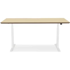 Bureau assis-debout électrique 'BIONIK'avec plateau en bois finition naturelle et pied en métal blanc