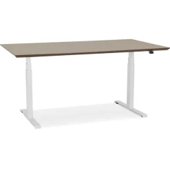 Bureau assis-debout électrique 'BIONIK'avec plateau en bois finition Noyer et pied en métal blanc