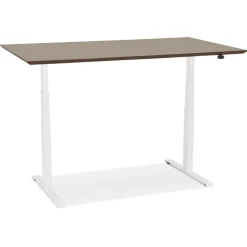 Bureau assis-debout électrique 'BIONIK'avec plateau en bois finition Noyer et pied en métal blanc