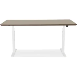 Bureau assis-debout électrique 'BIONIK'avec plateau en bois finition Noyer et pied en métal blanc