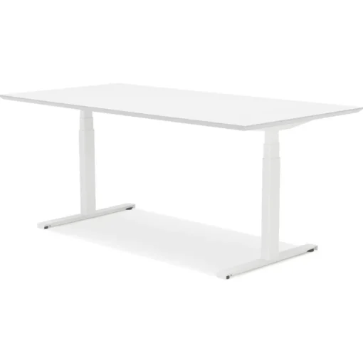 Bureau assis-debout électrique 'BIONIK'avec plateau en bois et métal blanc