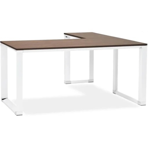 Bureau d'angle design 'XLINE' en bois finition Noyer et métal blanc