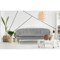 Canapé 3 places arrondi Brenda Velours Argent pieds Or