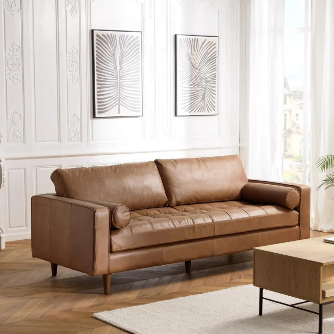 Canapé 3 places cuir couleur caramel assise capitonnée PIERRE