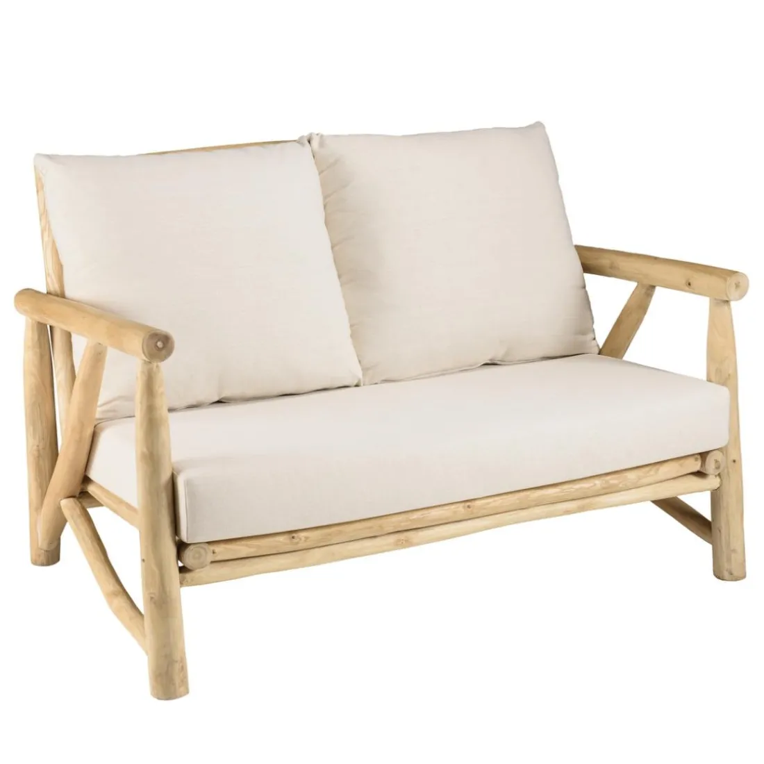Canapé 2 places en branches de Teck naturel avec coussins blancs MADURA