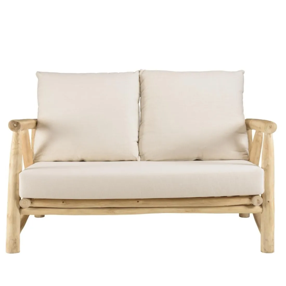 Canapé 2 places en branches de Teck naturel avec coussins blancs MADURA