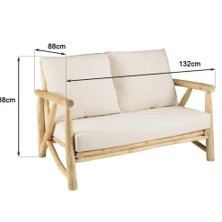 Canapé 2 places en branches de Teck naturel avec coussins blancs MADURA