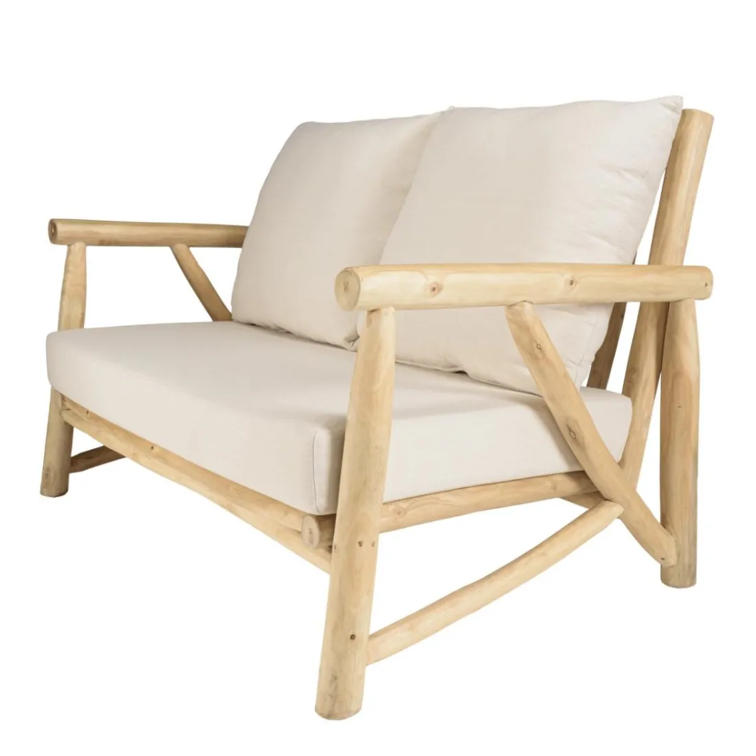 Canapé 2 places en branches de Teck naturel avec coussins blancs MADURA