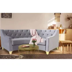 Canapé 3 Places Velours Gris Et Pieds Or