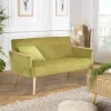 Canapé 2 places velours vert clair pieds et accoudoirs bois