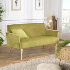 Canapé 2 places velours vert clair pieds et accoudoirs bois