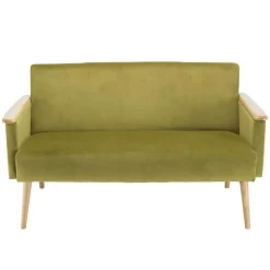 Canapé 2 places velours vert clair pieds et accoudoirs bois
