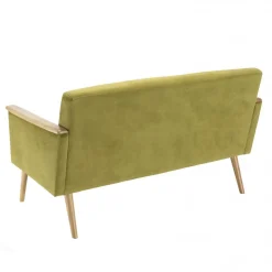 Canapé 2 places velours vert clair pieds et accoudoirs bois