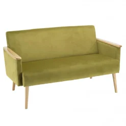 Canapé 2 places velours vert clair pieds et accoudoirs bois