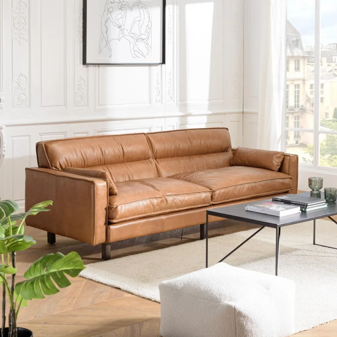 Canapé 3 places vintage en cuir marron camel, pieds en bois GASTON