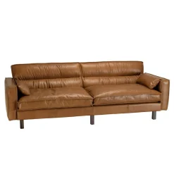 Canapé 3 places vintage en cuir marron camel, pieds en bois GASTON