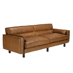 Canapé 3 places vintage en cuir marron camel, pieds en bois GASTON