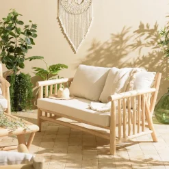 Canapé BORNEO 2places en branches de teck naturel coussins blancs WILL