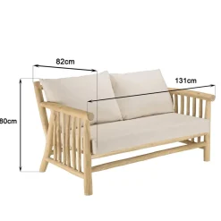 Canapé BORNEO 2places en branches de teck naturel coussins blancs WILL