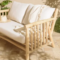 Canapé BORNEO 2places en branches de teck naturel coussins blancs WILL