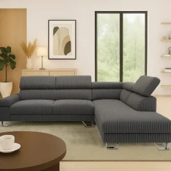 Canapé d'angle à droite avec têtières relevables Quentin Velours côtelé Gris