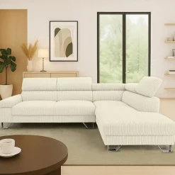 Canapé d'angle à droite avec têtières relevables Quentin Velours côtelé Beige