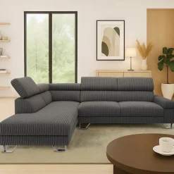 Canapé d'angle à gauche avec têtières relevables Quentin Velours côtelé Gris