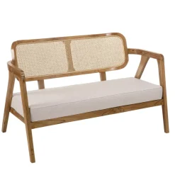 Canapé FLORES 2 places en teck avecdossier cannage naturel et coussin gris WILL Marron