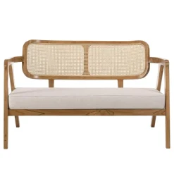 Canapé FLORES 2 places en teck avecdossier cannage naturel et coussin gris WILL Marron