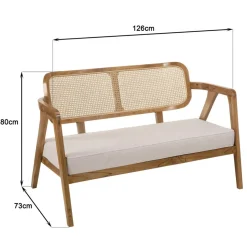 Canapé FLORES 2 places en teck avecdossier cannage naturel et coussin gris WILL Marron