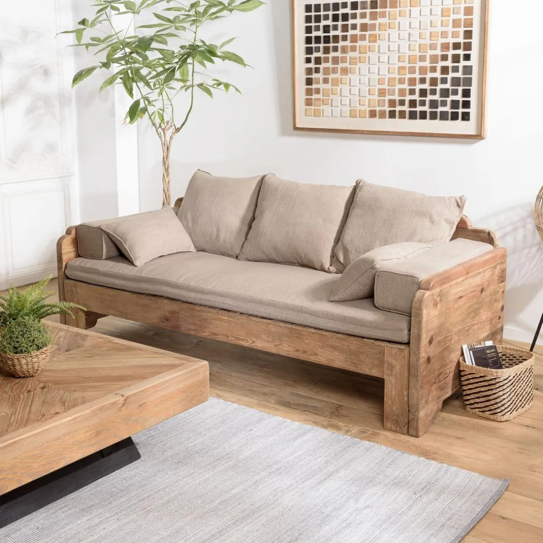 Canapé-lit bois Pin recyclé avec coussins
