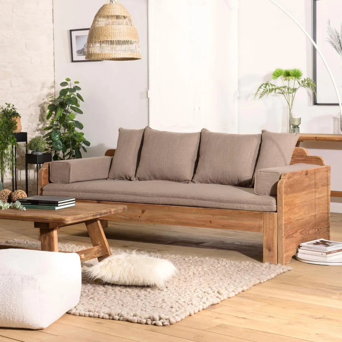 Canapé-lit bois Pin recyclé avec coussins
