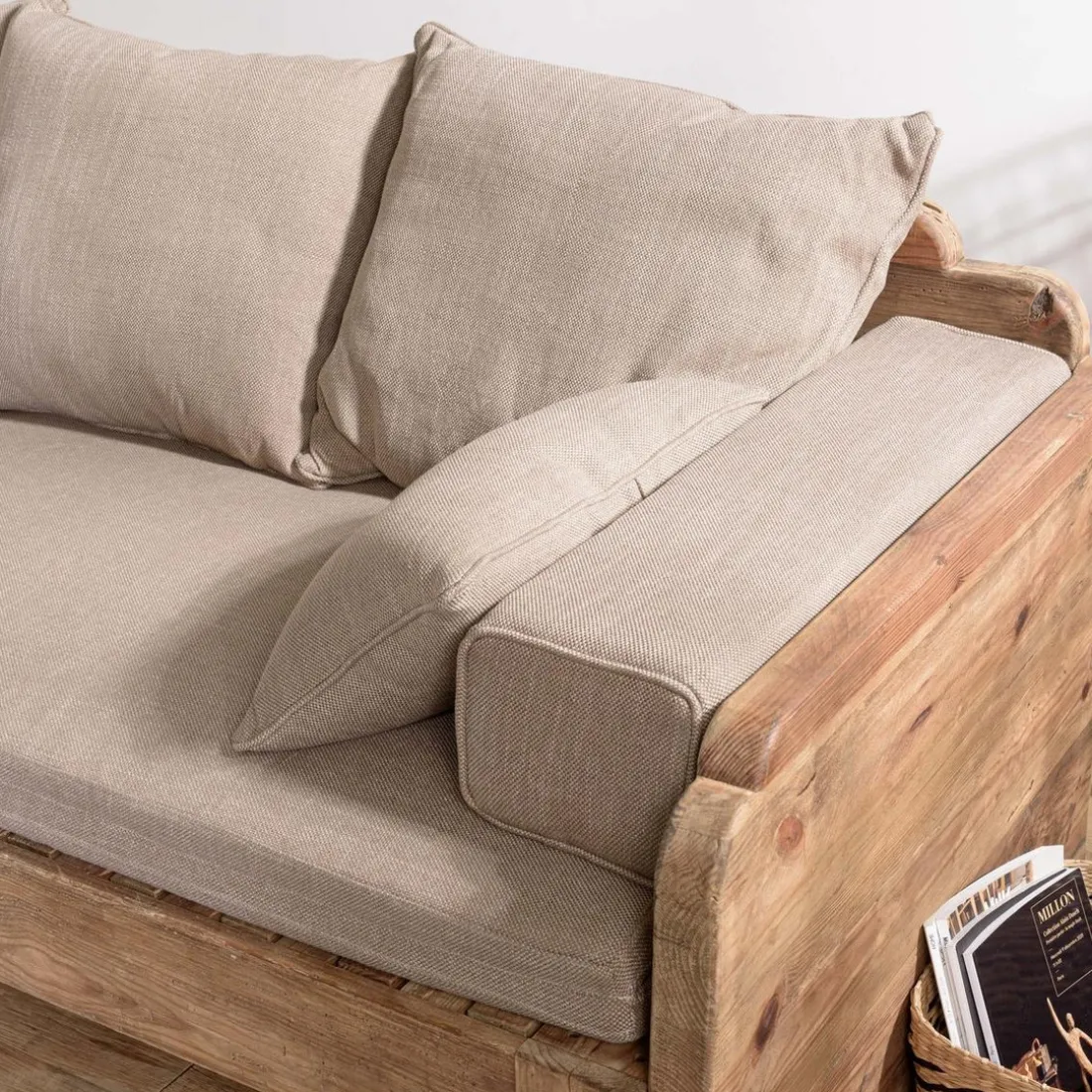 Canapé-lit bois Pin recyclé avec coussins