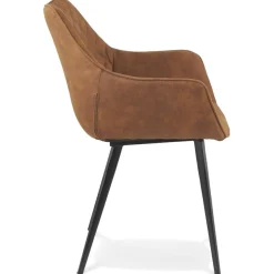 Chaise avec accoudoirs 'CHIGI' gaufrée en microfibre brune et pieds en métal noir